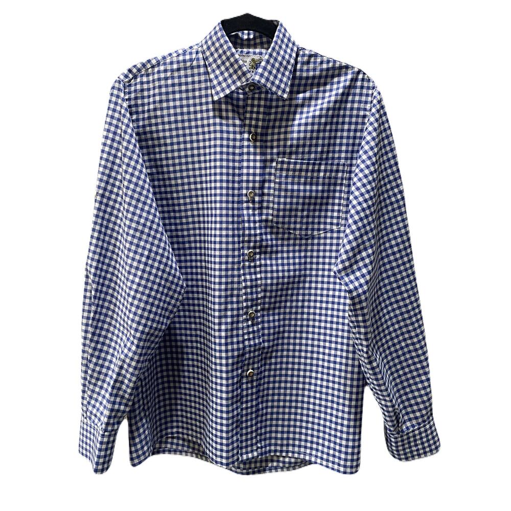 Munchen Trachten Mens Large Blue Gingham Oktoberfest Roll Tab Long Sleeve Size M